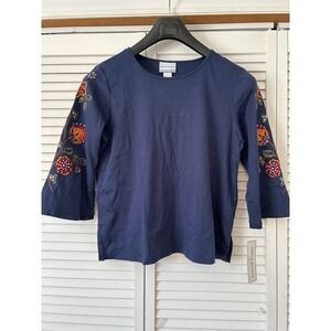 Alfred Dunner Mesa Verde Petite Navy Floral Embroidered 3/4‎ Sleeve Top L petite